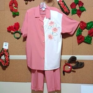 BONNIE BLAIR FASHIONS WOMENS 2 PC. SIZE L TOP AND PANTS IN PINK POLYESTER 💗 💓